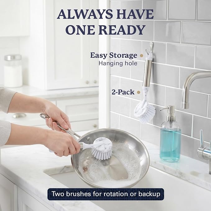Farberware Dish Brush with Handle, 2 Pack, Firm Bristles | Kitchen scrub brush and dish scrubber removes grease, reaches pot and pan edges, 8in, round head, marble-look design