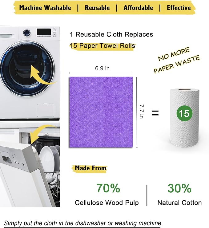 MoLKENE Swedish Dishcloths for Kitchen | 6 Pack Absorbent Cellulose Sponge Cloths Washable | Non-Scratch Reusable Paper Towels Quick Drying Cleaning Cloths - Purple