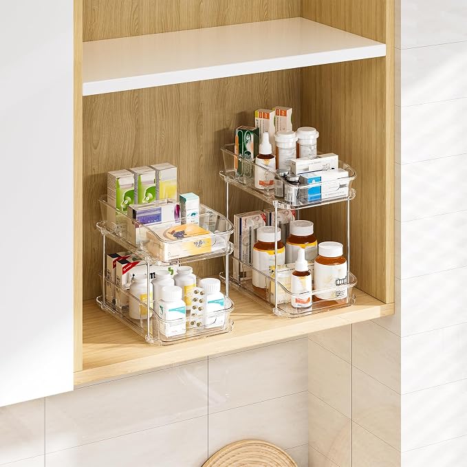 Delamu 2-Tier Under Sink Organizers and Storage, Multi-Purpose Stackable Bathroom Cabinet organizers, Pull Out Kitchen Pantry Organization and Storage with Dividers(2 Pack, Clear)