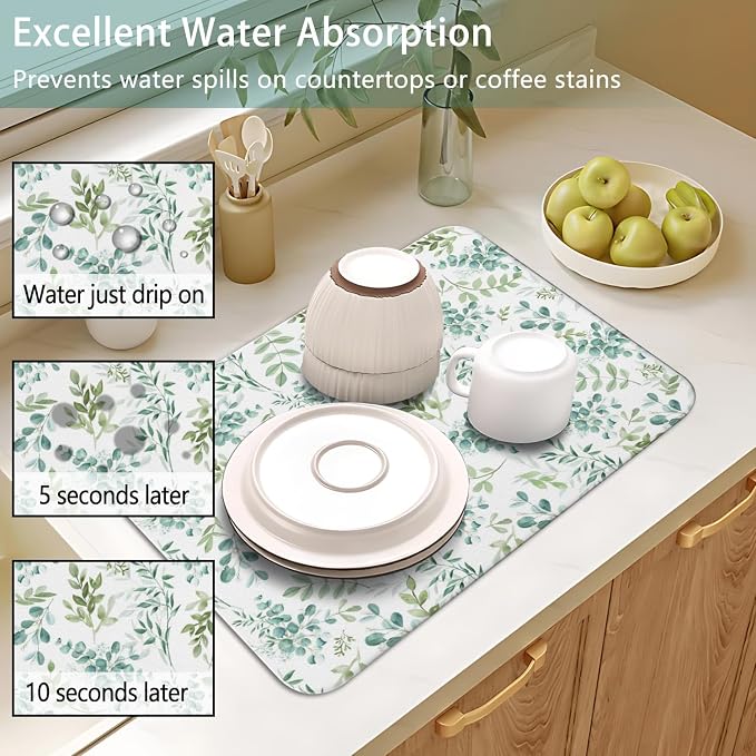 Dish Drying Mat 2-Pack in Green Leaves for Kitchen Counter Dishes Mat | Diatom Mud Mats (18x24, 19.5x12"). Non-slip rubber back for kitchen counter, coffee bar & sink scenes