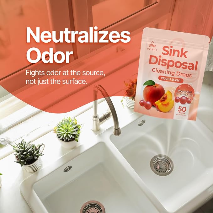 Sink Garbage Disposal Cleaner 50-Count | Easy-Use Garbage Can Odor Eliminator with Powerful Cleaning Action | Peach Scented Sink Drain Cleaner and Sink Smell Eliminator | Quality Home Living by Perfa