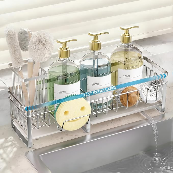 Aurblozen Extra Large Extendable Sponge Holder for Kitchen Sink, Rustproof Sink Caddy Organizer with High Brush Holder, Dish Soap Dispenser Organizers and Storage (Stainless Steel)