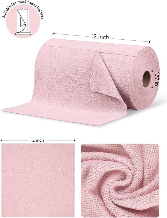Fantasticlean Microfiber Cleaning Cloth Rolls- 675 Sheets (9 Rolls of Pink) | 12'' by 12'', Super Absorbent, Lint-free, Tear-away Microfiber Towel Roll, for All-Purpose Cleaning