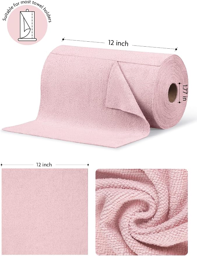 Fantasticlean Microfiber Cleaning Cloth Roll -75 Pack, 12" x 12" (Pink) | Reusable Alternative to Paper Towels, Ultra Absorbent, Lint-free Microfiber Towel Roll, for All-Purpose Cleaning