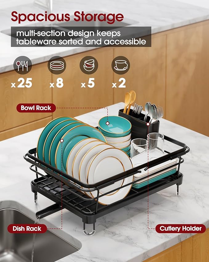Sakugi Dish Drying Rack in Sink - Expandable Stainless Steel Dish Rack Over The Sink, Kitchen Sink Drain Strainer with Cutlery Holder & Cup Holders, 15.2 x 10.0 x 4.2 Inch, Black