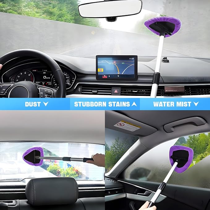 Extendable Car Windshield Cleaning Tool with Microfiber Pads, Purple | reusable glass-wiper design, interior and exterior window use, fits most cars, SUVs, and trucks, automotive cleaning tools