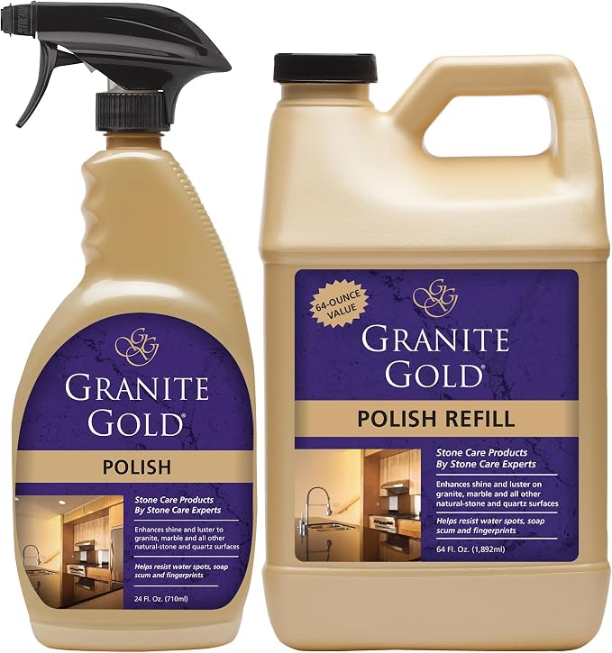 Granite Gold Polish Spray, Streak-Free Shine for Granite, Quartz, Marble, Travertine, Natural Stone Countertops, 64 Fluid Ounces and 24 Fluid Ounces