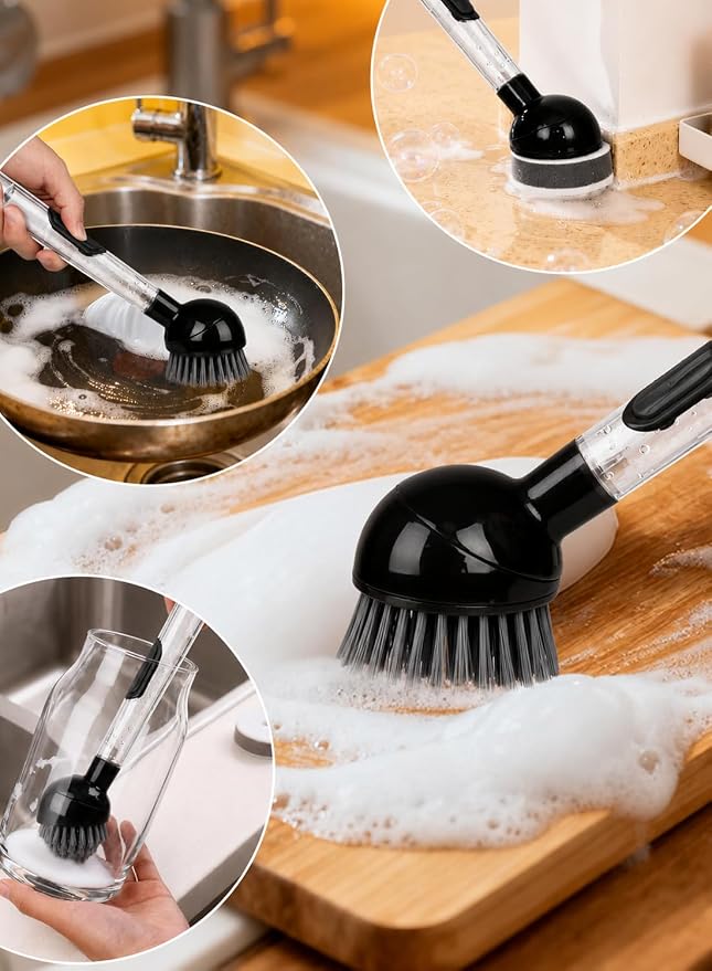 Soap Dispensing Dish Brush with Handle, 360° Rotating Head, 5-Piece Kitchen Cleaning Set (2 Brush Heads & 3 Sponges), Non-Scratch Scrubber for Pot, Pan, Sink, Leak-Proof Dishwand, Black