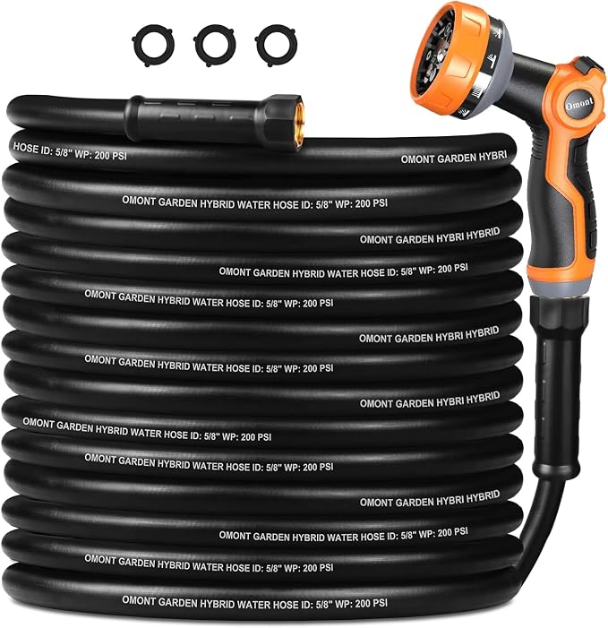 Garden Hose 50ft Heavy Duty Water Hose with 10 Function Spray Nozzle, Flexible and Durable, Lightweight Rubber Hybrid Hose, Leak-Free Connections, Male to Female Brass Fittings for Garden, Lawn, Yard