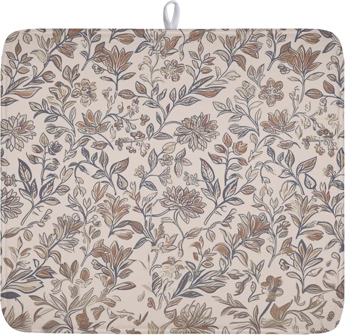 Vintage Floral Dish Drying Mat for Kitchen Counter Brown Antique Flower Microfiber Dish Drainer Mat Rustic Neutral Absorbent Washable Drying Pad 16"x18"