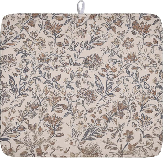 Vintage Floral Dish Drying Mat for Kitchen Counter Brown Antique Flower Microfiber Dish Drainer Mat Rustic Neutral Absorbent Washable Drying Pad 16"x18"