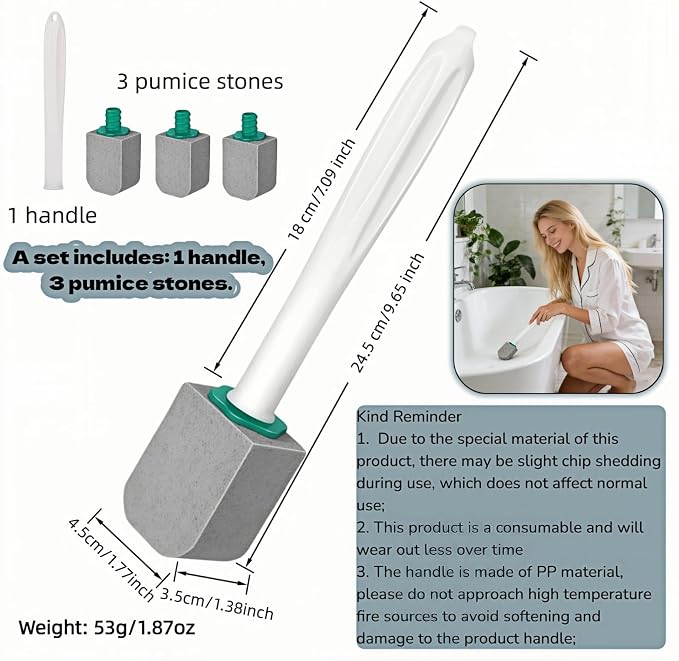 Pumice Stone Toilet Bowl Cleaner with Long Handle, 9.65 Inch, Includes 1 Handle and 3 Pumice Stones, Hard Water Stain Remover for Toilet, Bathtub, Tile, Grill