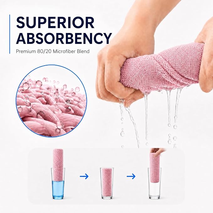 Veco Microfiber Cleaning Cloth Roll 80 PCS, 12" x 12" | Lint-Free, Streak-Free, Tear Away Reusable Microfiber Towels, Cleaning Rags for Kitchen, Car & Home, Pink