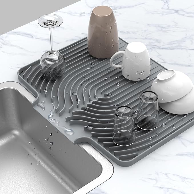 DIsh Drying Mat for Kitchen Counter , 20"×15.7" Dish Drying Rack (gray) | Various Sizes & Colors,Extra Large,Steep-Slope,Built in Drain,High-fin Ventilation,Food-grade Silicone,500F heat resistant