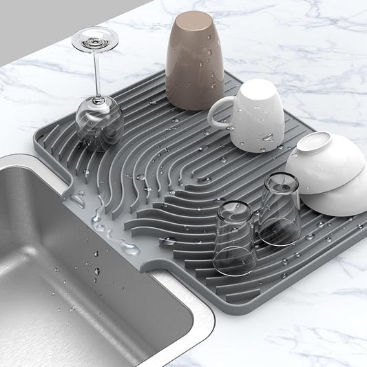 DIsh Drying Mat for Kitchen Counter , 20"×15.7" Dish Drying Rack (gray) | Various Sizes & Colors,Extra Large,Steep-Slope,Built in Drain,High-fin Ventilation,Food-grade Silicone,500F heat resistant
