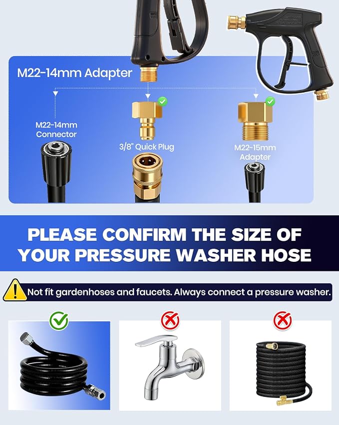 Saker Short Pressure Washer Gun with Foam Cannon, M22-14 to M22-15 and M22-14 to 3/8 Inch Brass Adapter Connector, with 5 Pressure Washer Nozzles