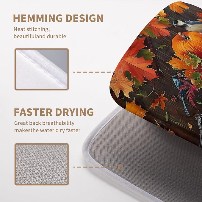 Fall Pumpkin Kitchen Drying Mat 16x18 Inch - Autumn Maple Leaves Bird Dish Mat for Kitchen Counter - Microfiber Absorbent Pad for Dishes, Coffee Bar