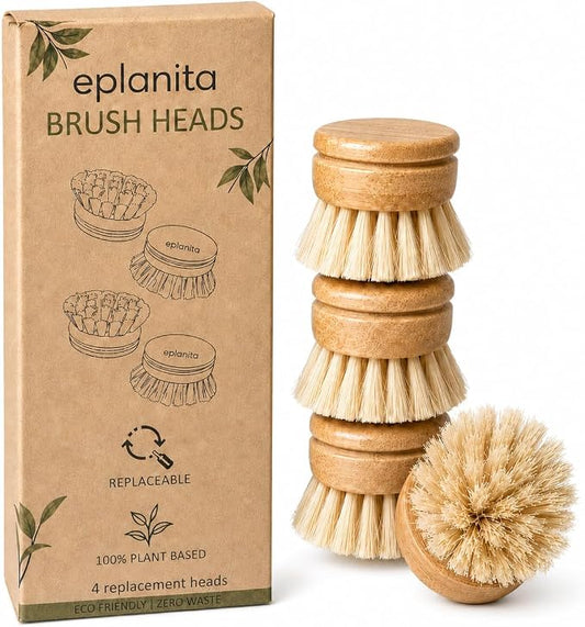 eplanita Replacement Brush Heads (Pack of 4) for Bamboo Dish Brush, Sisal Bristle Refills, Agave Cactus Fibres, Kitchen Eco Scrubber, Plastic Free Washing Up, Zero Waste Cleaning