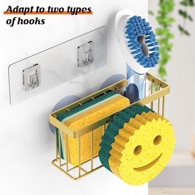 MURLONG Sponge Holder Smiley Face, Sink Caddy for Kitchen Sink, Sink Organizer Sponge Holder with 2 PCS Suction Cups/1 PCS Adhesive Strips, Designed for Sponge, Soap, Dish Brush, Scrubber-Gold