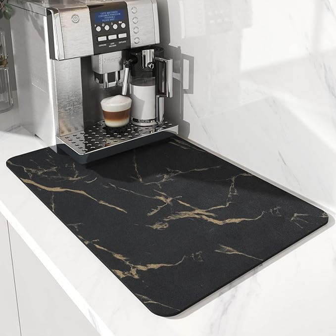 AMOAMI-Coffee Mat Hide Stain Rubber Backed Absorbent Dish Drying Mat for Kitchen Counter-Coffee Bar Accessories Fit Under Coffee Maker, Espresso Machine, Pot, Dish Rack Black&Gold