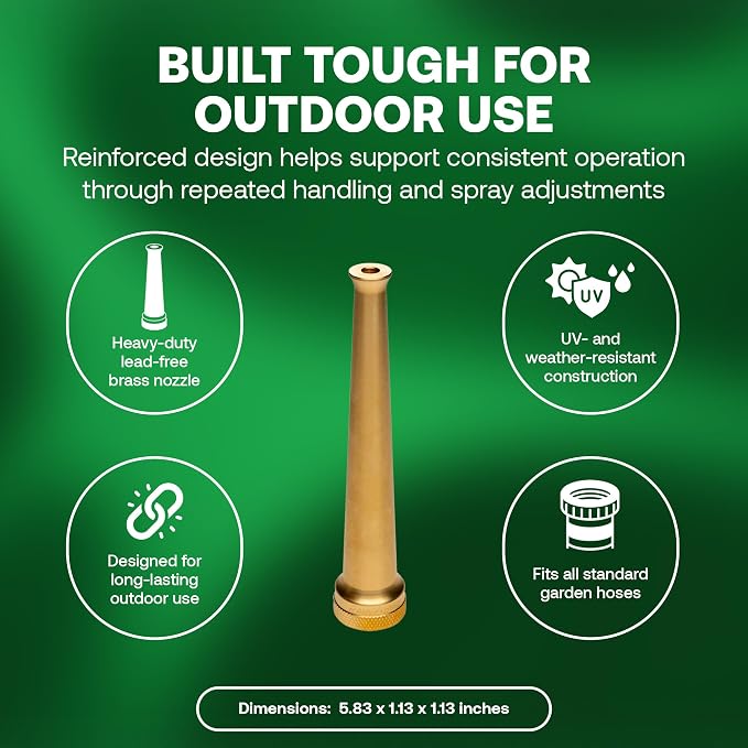 Rain Bird HENZLB6JET 6-Inch Lead-Free Brass Jet Hose End Nozzle - High Pressure Garden Hose Nozzle with Focused Jet Stream, Durable Brass Construction, 3/4 in GHT Connection for Outdoor Cleaning