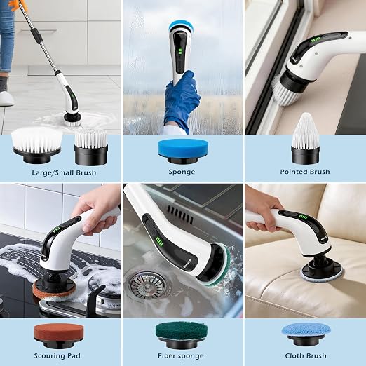 Electric Spin Scrubber, Power Shower Cleaning Brush with Long Handle | Cordless Cleaning Scrubber, 7 Replaceable Brush Heads, 90Mins Work Time, 3 Adjustable Size, 2 Speeds for Bathroom Cleaner