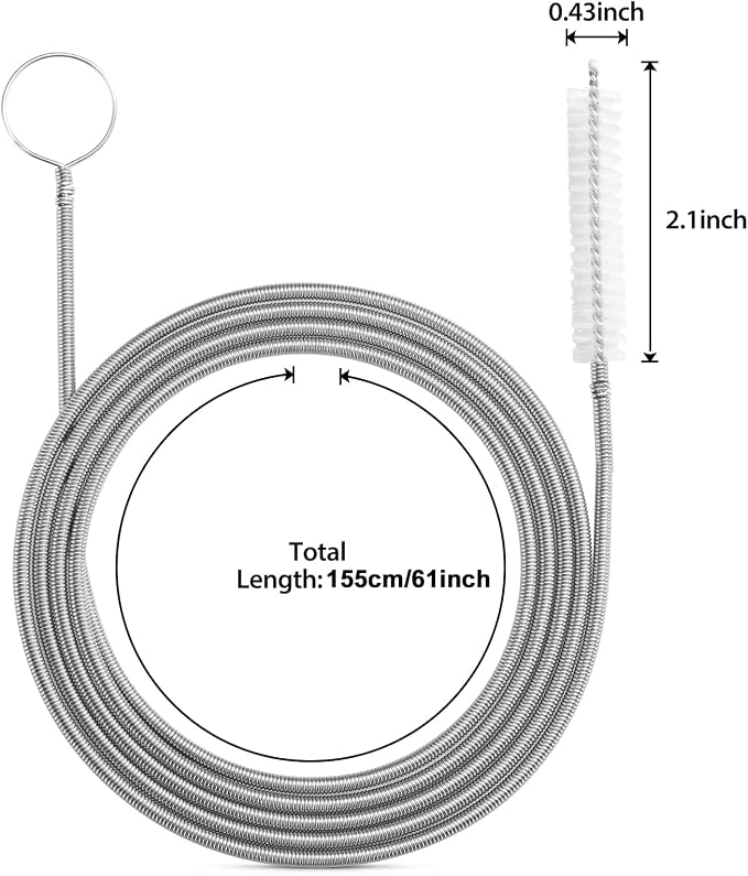 RayTour Extra-Thick Drain Brush with Stronger Spring 61-Inch Stainless Steel and Nylon Pipe Cleaner for Flexible, Curved & Slim Holes, Stronger Spring Version