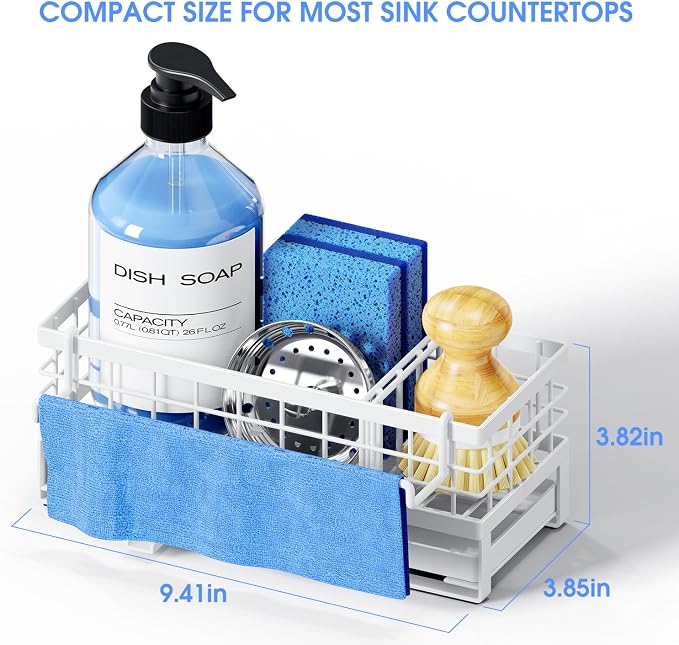 Kitchen Sink Sponge Holder - Self-Draining, Detachable Dish Cloth Holder, Rustproof Kitchen Countertop Organizer (White)