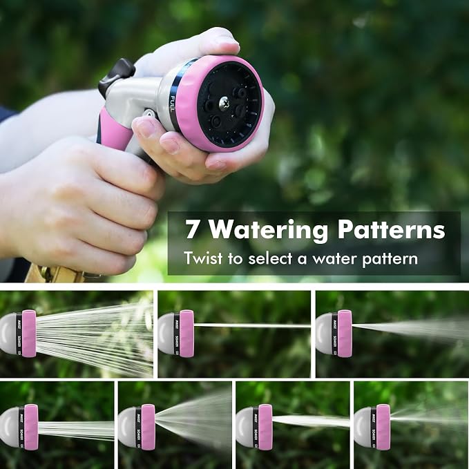 RESTMO Garden Hose Nozzle, Heavy Duty Metal Water Hose Nozzle with 7 Adjustable Spray Patterns, High Pressure Hand Sprayer with Flow Control, Best for Watering Plant & Lawn, Washing Car & Pet, Pink