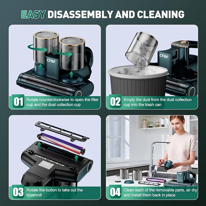 CFBF Mattress Bed Vacuum Cleaner with 16Kpa Suction & 253.7nm UV-C Light | Ultrasonic & High Heating, 500W Powerful Double-Cup Handheld Vacuums for Bed, Sofa, Couch, Crib, 16.4FT Corded
