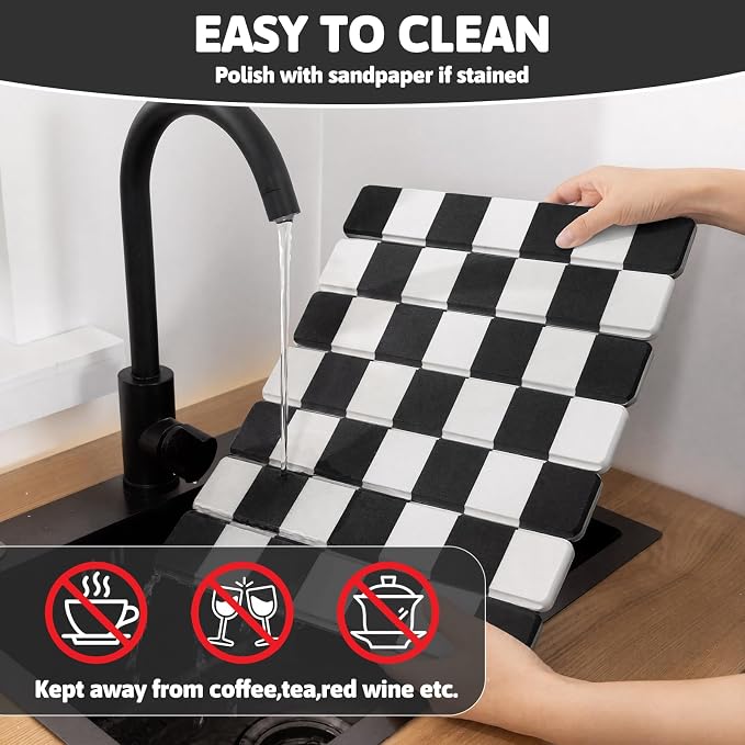 Yamaziot Stone Drying Mat for Kitchen Counter, 16"x12" Small Foldable Ultra Absorbent Stone Drying Mat, Quick-Dry Diatomaceous Earth Mat, Non-Slip Heat Resistant Mat for Dishes, Cups, Bottles, Black