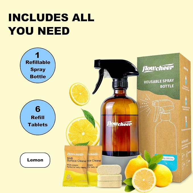 flowcheer MultiPurpose Cleaner Starter Kit-Lemon Scent all purpose cleaner concentrate,cleaning tablets (6 Refill tablets) with Reusable Spray Bottle Multi-Surface Cleaner, 6x17fl oz