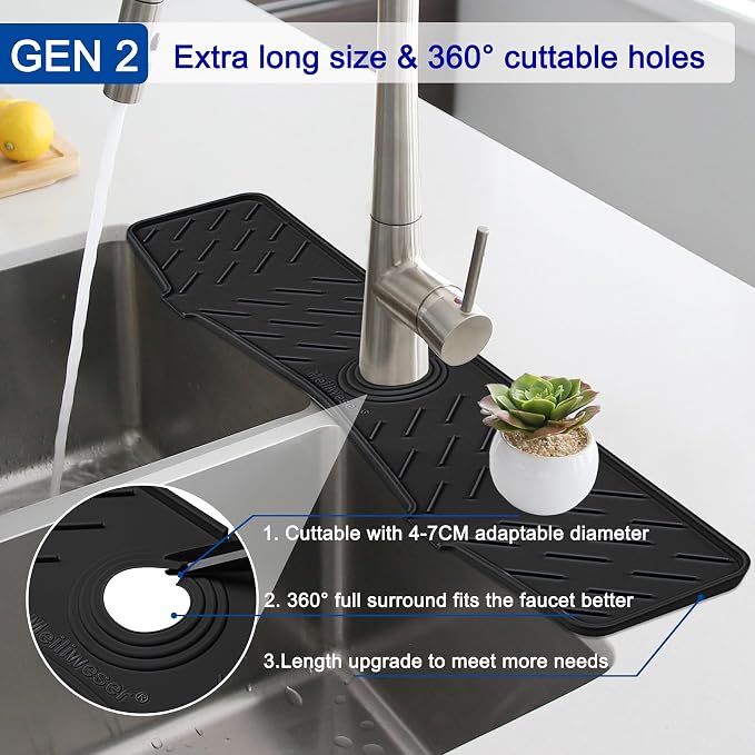 Faucet Mat for Kitchen Sink – 24” x 5.1” Extra-Long Silicone Splash Guard with 10° Slope & Upgraded Drainage – Gen 3 Sink Water Catcher & Sponge Holder for Kitchen, Bathroom (Black)