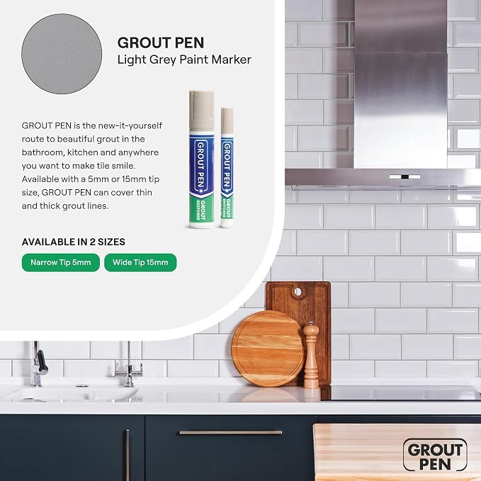 Grout Pen Light Grey Tile Grout Paint Marker - Wide 15mm Tip (20ml) | Waterproof Grout Line Refresher for Kitchen & Bathroom, Colorant and Sealer Pens for Cleaner Looking Grout Lines - Light Grey