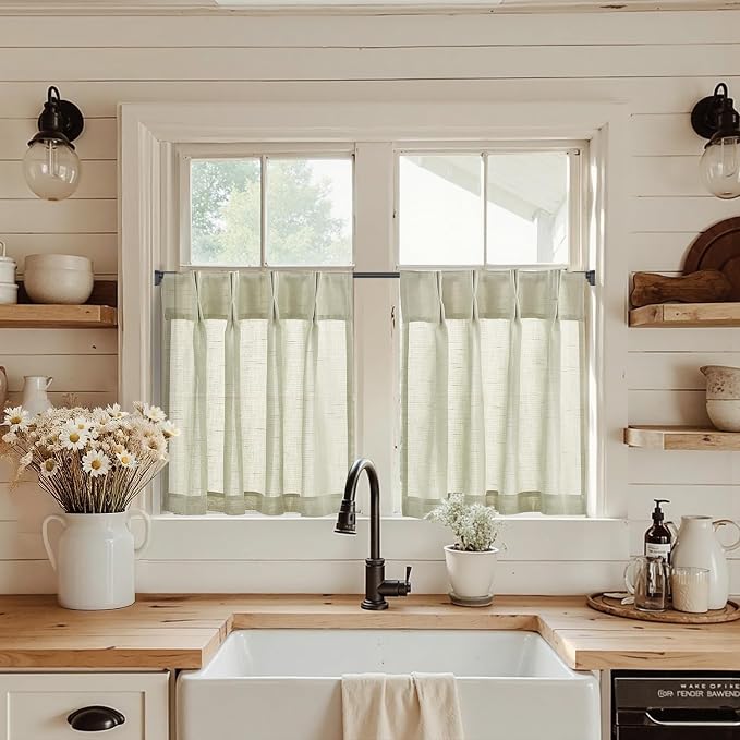 jinchan Linen Pinch Pleated Back Tab Tier Curtains, 26x30, 2 Panels, Beige | Light filtering,small window treatment,cafe curtains,machine washable,farmhouse,kitchen,bathrooms,laundry