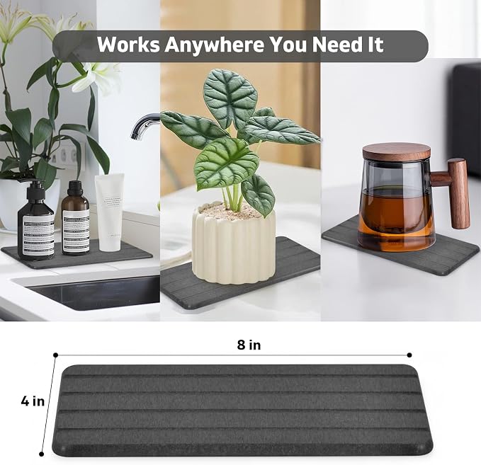 2 PCS Extra Large Stone Dish Drying Mat for Kitchen Counter, 28"×16" Marble Dish Drying Mat with 8"x 4" Coasters, Non - Slip Collapsible Absorbent Mat for Multi - Purpose, Match Any Countertop【Gray】