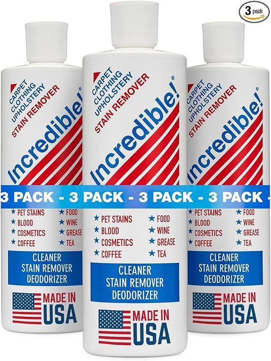 INCREDIBLE! Stain Remover | Instant Spot Remover for New & Old Stains | Cleaner, Stain Removal, Deodorizer - For Blood, Red Wine, Coffee, Urine & Pet Stains | Carpets, Laundry & Upholstery | 3 Pack
