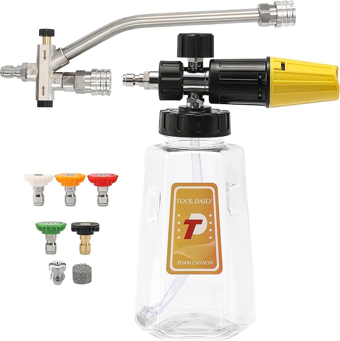 Tool Daily Pressure Washer Foam Cannon with Dual-Connector Accessory | Power Washer Double Tip Attachment For Soap Cannon, 5 Pressure Washer Sprayer Nozzles, 1/4" Quick Connect