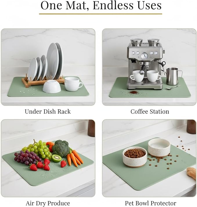 Dish Drying Mat Super Absorbent – 16" x 18" Coffee Mat for Countertops – Non-Slip Drying Mat for Kitchen Counter – Easy to Clean Water Absorbent Mat – Quick Dry Dish Mats (Sage)