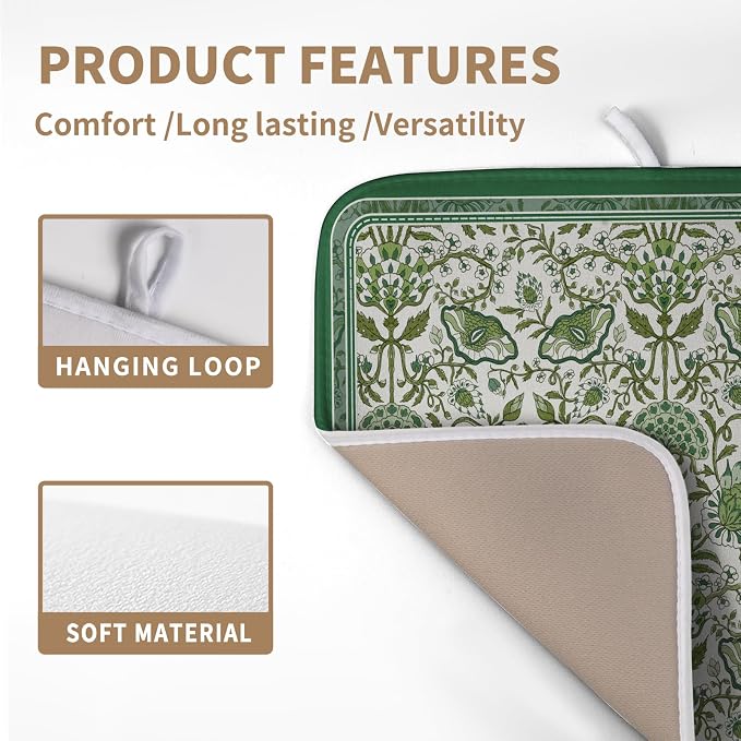 Green Floral Dish Drying Mat for Kitchen Counter 16x18 Inch Spring Summer Flowers Drying Mats Microfiber Absorbent Dish Drainer Pad Reusable Washable Dish Draining Mat for Coffee Bar Sink
