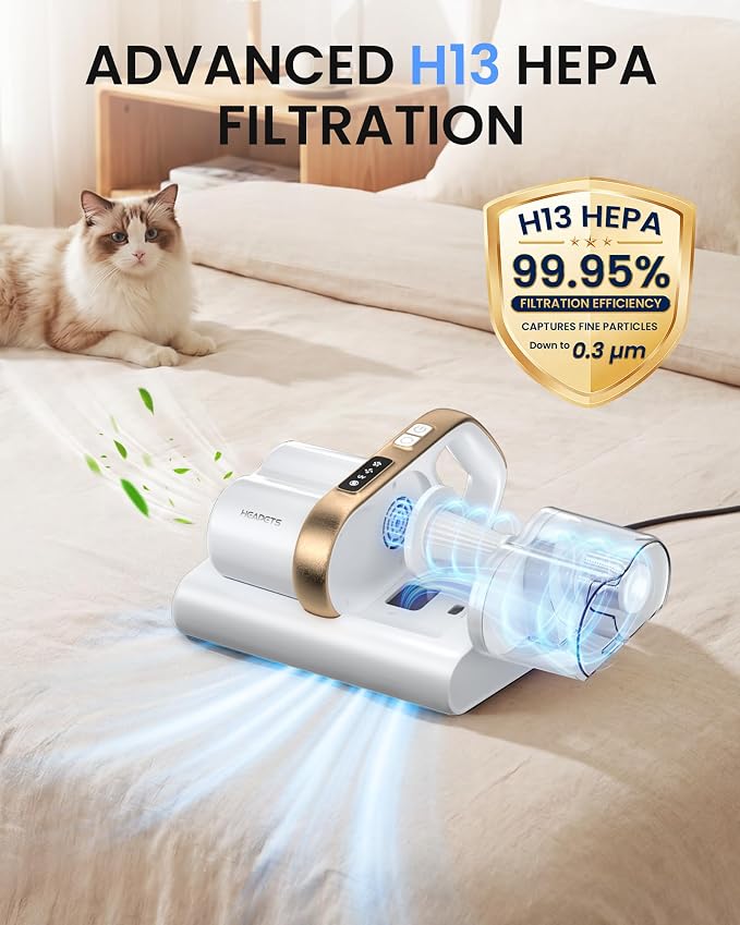 HEAPETS Mattress Vacuum Cleaner, 16Kpa Bed Vacuum with 275nm UV-C Light & 149℉ Heat & Ultrasonic, Dual High-Speed Roller Brushes & H13 HEPA Filter for Pet Hair, Bed, Sofa, Couch, Corded White
