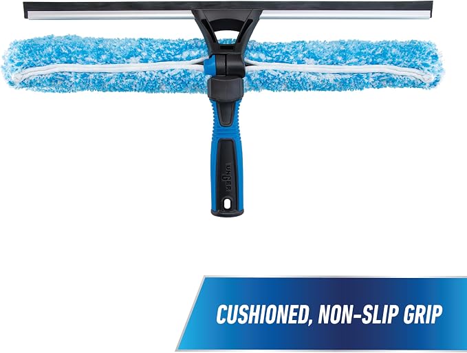 Unger Professional Connect and Clean 18” Proflex 2-in-1 Squeegee and Scrubber, High Access Window Cleaning Tool with Pivoting Head, Commercial and Residential Use, Reusable Microfiber Sleeve