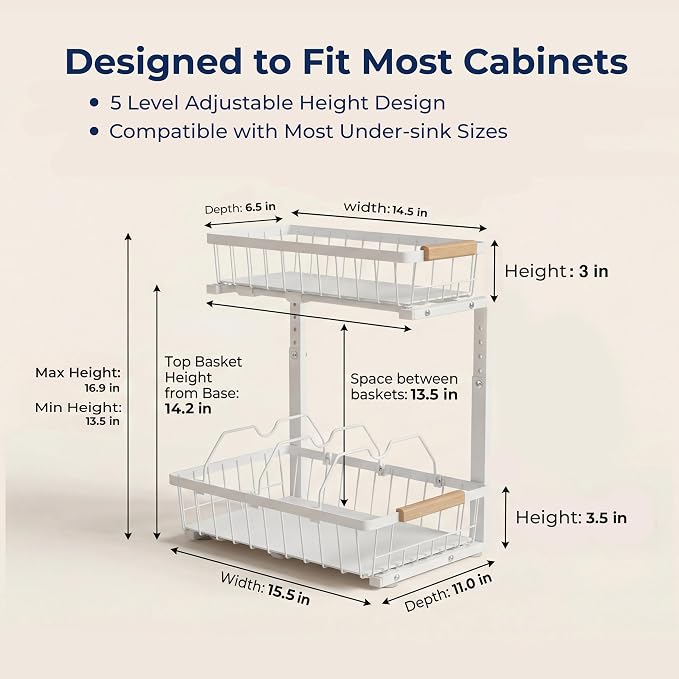 Under Sink Organizer with Motion-Activated LED Lights, 2 Pack, 2 Tier Sliding L-Shaped Carbon Steel Rack with Adjustable Height, Dividers & Hooks (White)