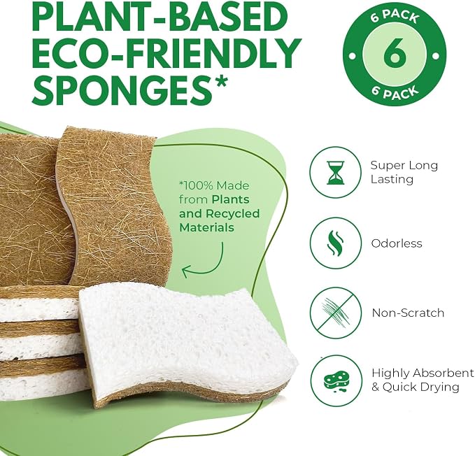 AIRNEX Natural Kitchen Sponges (6 Pack) - Biodegradable Cellulose & Coconut Scrubber Dish Sponges for Kitchen - Eco-Friendly, Non Scratch, Compostable, Non Toxic S-Shaped Natural Sponges for Dishes