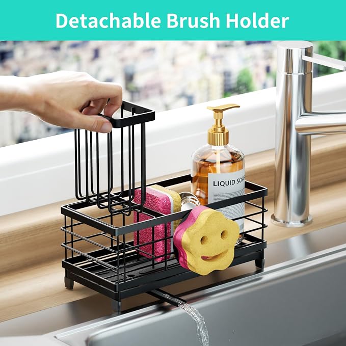 HapiRm Sponge Holder for Kitchen Sink - Self-draining Sink Caddy with Smiley Face and Brush Holder, Stainless Steel Kitchen Countertop Essentials and Gadgets - Black