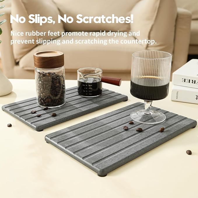 Razborci 2PCS Water Absorbing Stone Drying Tray Mat for Bathroom Sink & Kitchen Counter Organizer, Quick Dry Dish Soap Dispenser Sponge Holder, Vanity Sink Caddy, Coaster, Dark Gray - 10" x 6"
