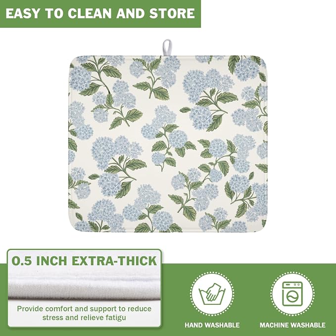 Blue Hydrangea Floral Dish Drying Mat for Kitchen Counter Spring Summer Vintage Flower Microfiber Dish Drainer Mat Rustic Farmhouse Absorbent Washable Drying Pad 16"x18"