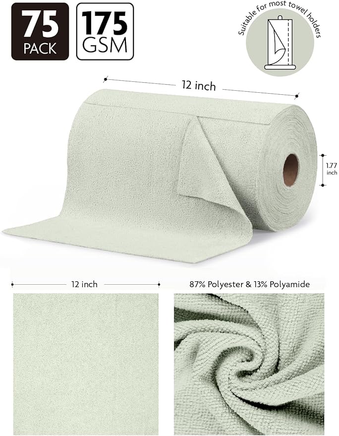 Fantasticlean Microfiber Cleaning Cloth Roll- 75 Sheets, 12"x12"(MossGreen) | Super Absorbent, Lint-free, Tear-away Microfiber Towel Roll, for All-Purpose Cleaning, Reusable Alternative to Paper Towels