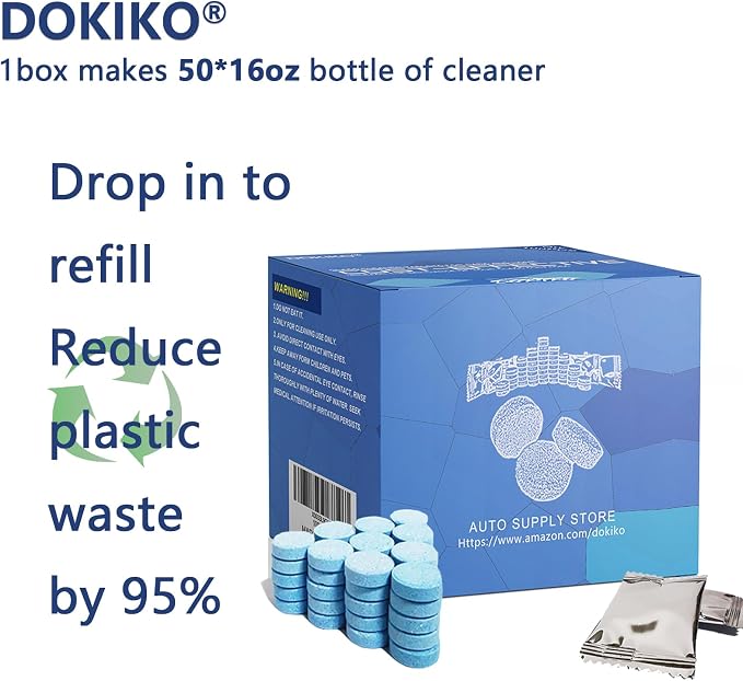 DOKIKO 100 PCS Glass Cleaner Refill,Glass Clean Tablets, Window Clean Refill Tablets, Plastic-Free Formula for Windows,1600fl oz Spray Plastic-Free Formula for Windows, Mirrors & Windshields