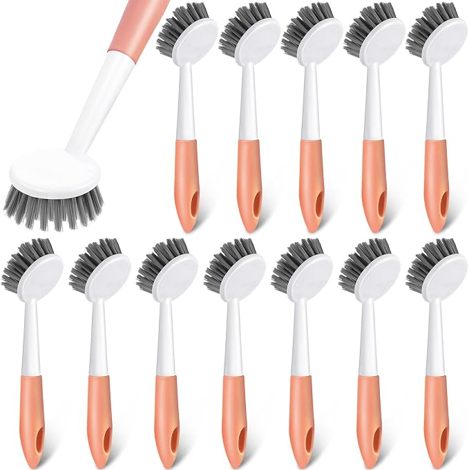 Patelai 12 Pack Kitchen Scrub Dish Brush with Long Handle Dish Scrubber with Stiff Bristles Scrub Brushes for Kitchen Dishes Washing Tools, Pots, Pans and Sink Cleaning (Orange)